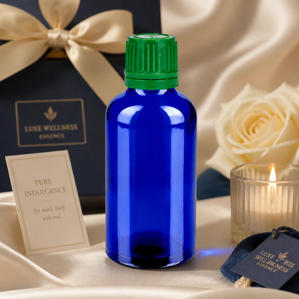 Frasco de vidrio azul de 50 ml con tapón de rosca verde ideal para cosméticos DIY y productos de bienestar naturales