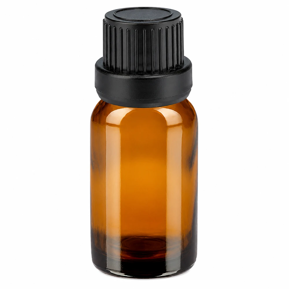 Botella 10ml tapón rosca 11mm negro a prueba de manipulacionesII BrownLine UT18/10 Frasco de vidrio ámbar de 10 ml con tapón de rosca negro para aceites esenciales y cosméticos