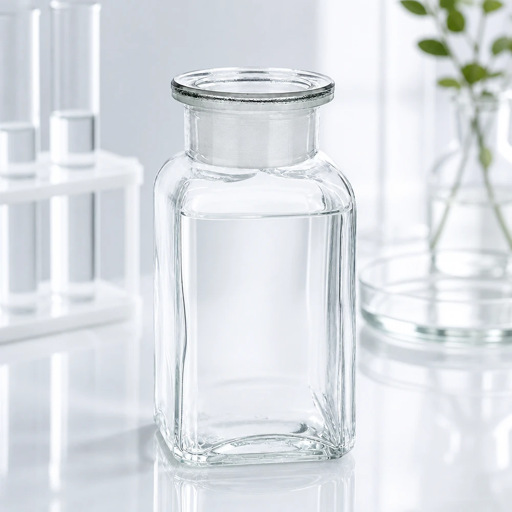 Botella cuadrada transparente de cuello ancho de 100 ml, fabricada en vidrio borosilicato, con tapón de vidrio tallado