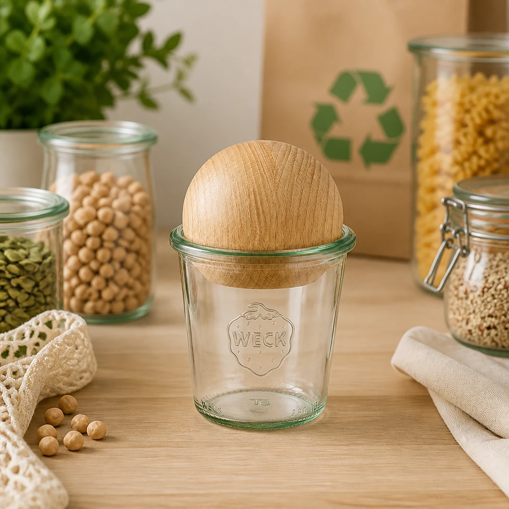 Vasos altos de 290 ml WECK RR80 con bola de madera de haya WECK vasos 290ml RR80 con bola de haya en la cocina sostenible de cero residuos entre los frascos de almacenamiento y símbolo de reciclaje