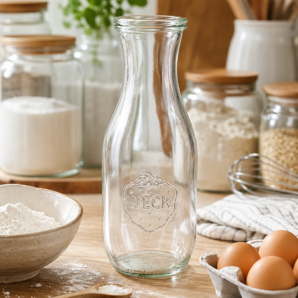 WECK botella de jugo 1062ml vacío en la cocina con ingredientes para hornear harina huevos y frascos de almacenamiento en la encimera de madera