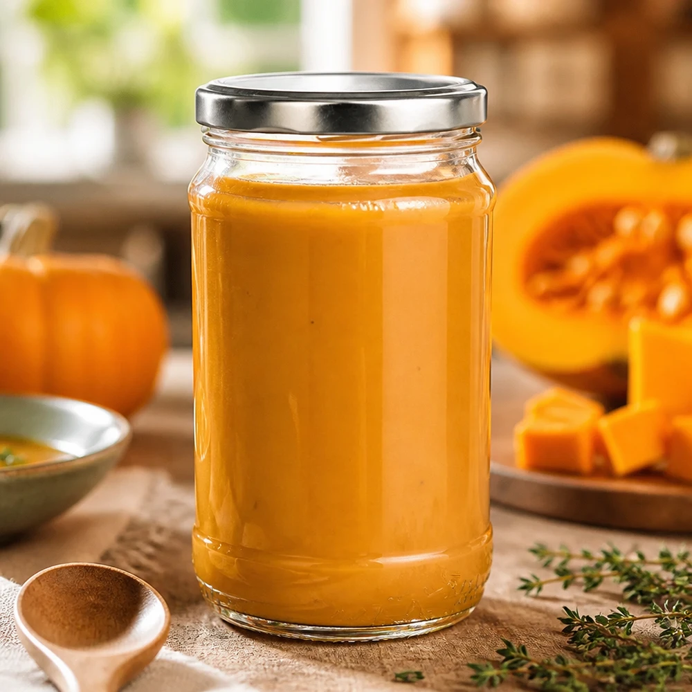 Tarro redondo de cristal de 370 ml + BasicSeal plateado UNiTWIST Vaso redondo de cristal BasicSeal de 370 ml, color plateado, lleno de sopa cremosa de calabaza, junto a calabaza recién cortada