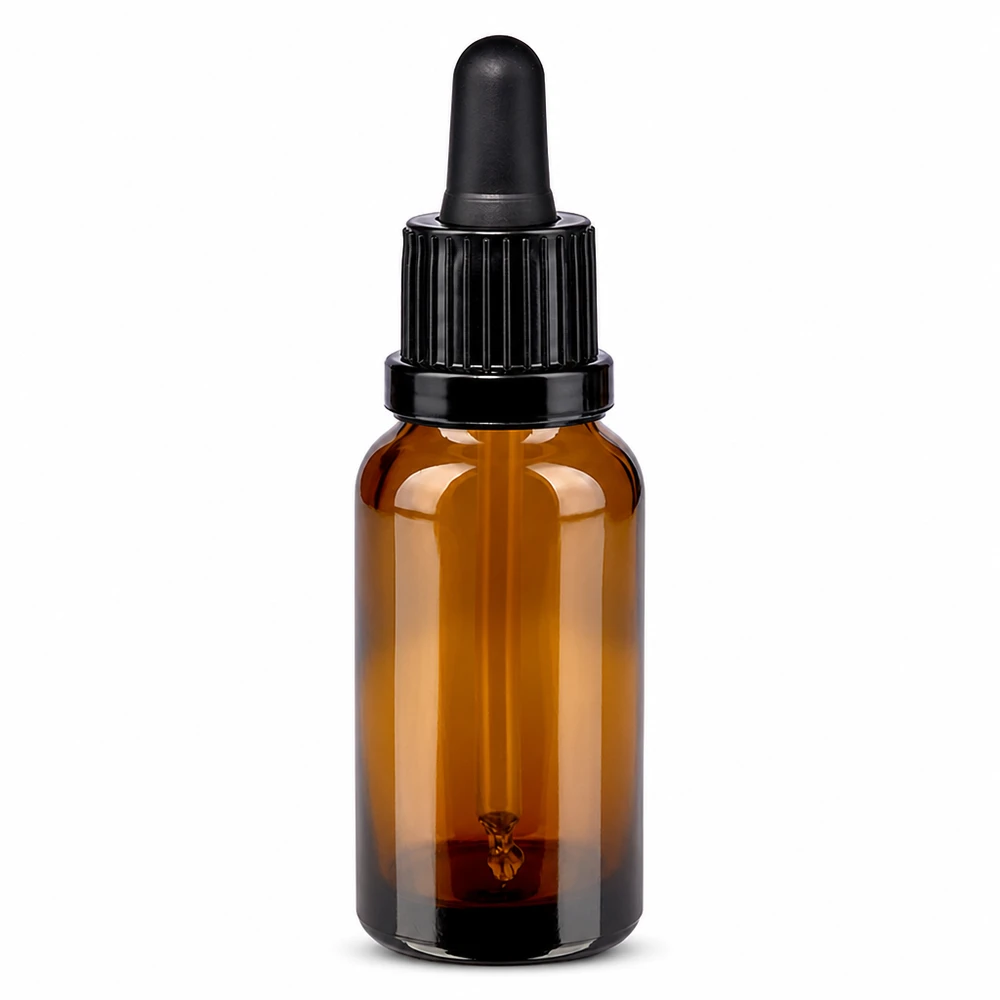 Frasco pipeta 20ml marrón con tapón negro para cosméticos y aceites esenciales