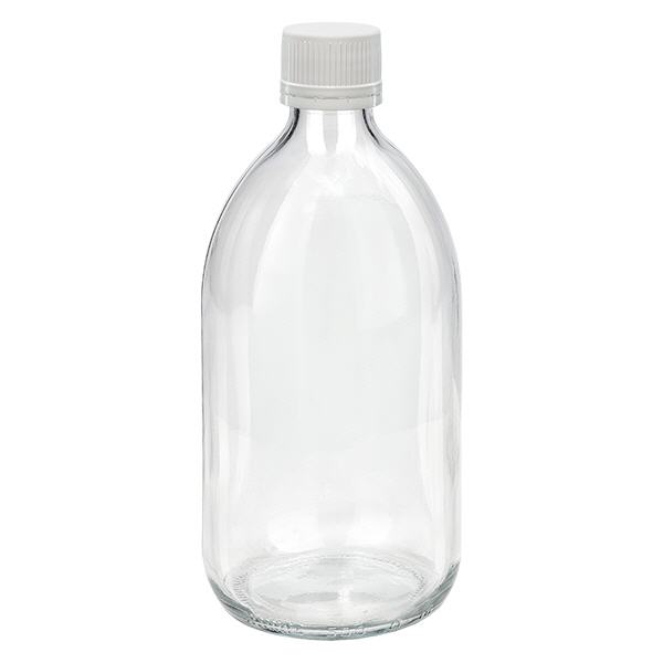 Frasco medicamento 500ml transparente, tapón blanco/fino con precinto de seguridad ApoGlas Frasco medicamento 500ml transparente, tapón blanco/fino con precinto de seguridad ApoGlas