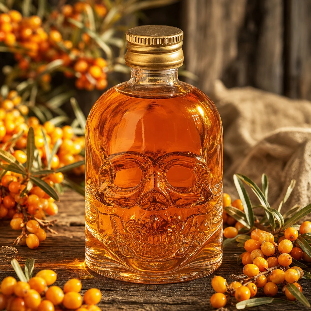 Botella de vidrio de 50 ml «Hector» y tapón de rosca dorado UNiTWIST® Botella de cristal Hector de 50 ml con relieve de calavera y contenido de color ámbar entre bayas de espino amarillo sobre una mesa de madera