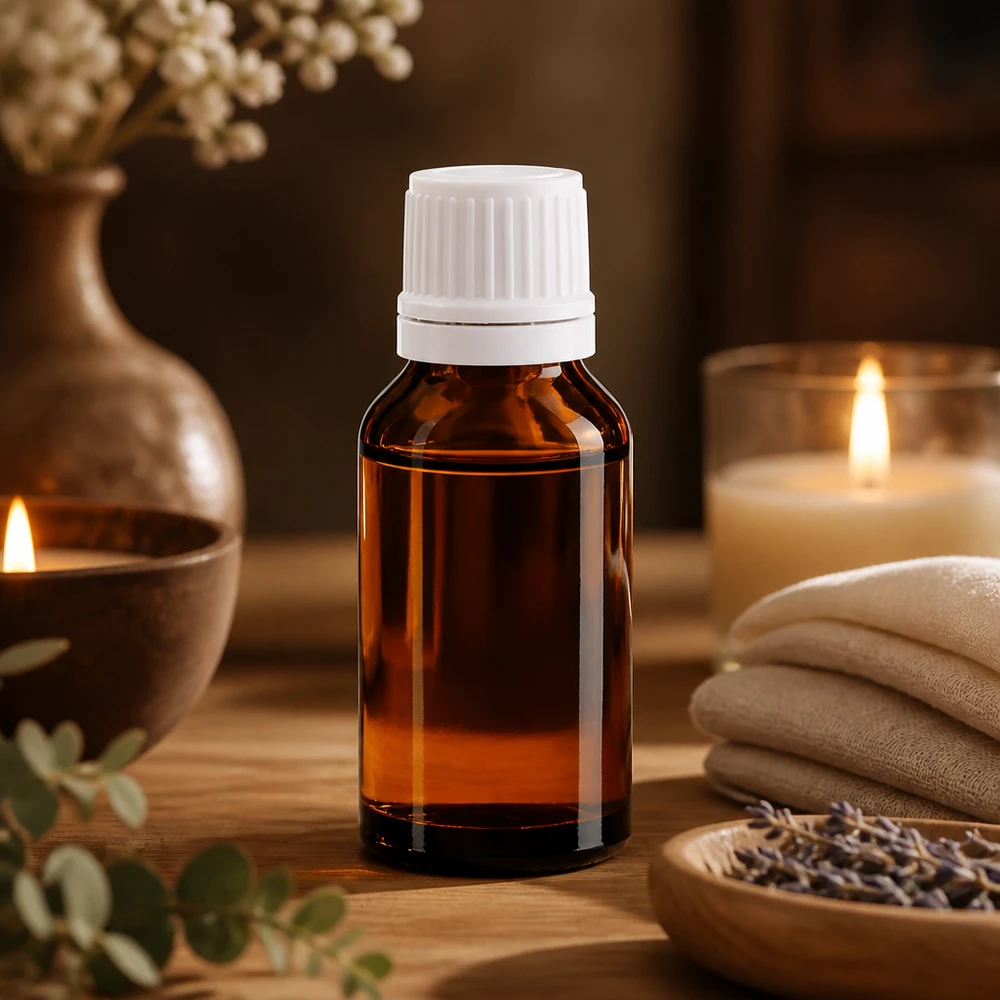 Botella de farmacia marrón 15ml tapón cuentagotas 1,2mm blanco cierre inviolable Frasco cuentagotas de 15 ml de color ámbar con tapón blanco, en un ambiente relajante de bienestar con velas
