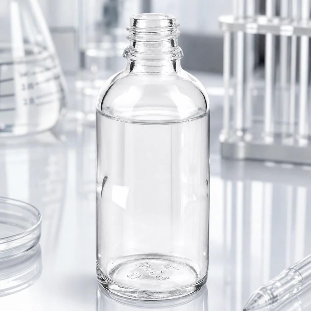 Pequeño frasco de vidrio ApoGlas de 50 ml con calidad farmacéutica para dosificar líquidos con precisión