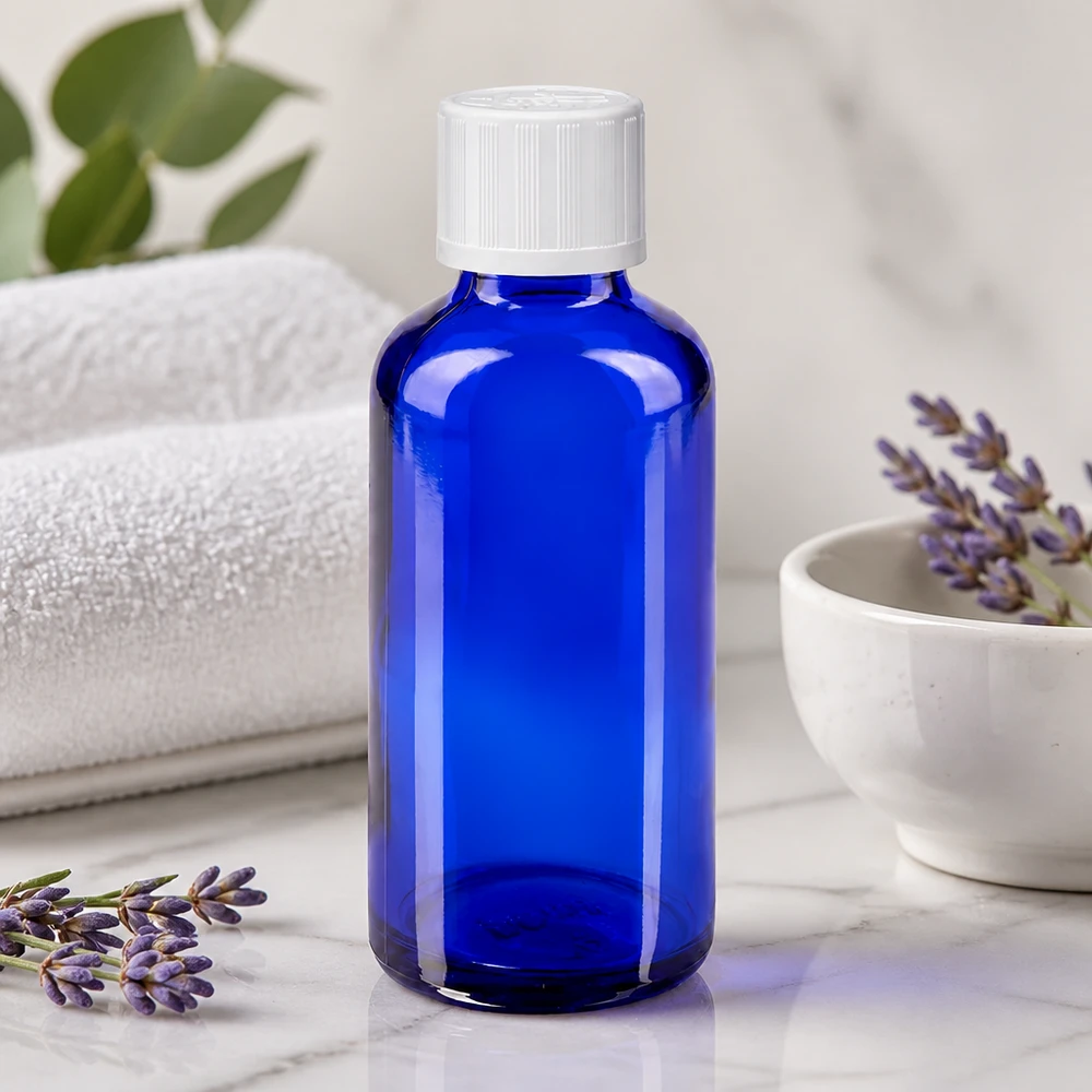 Frasco de farmacia azul cobalto de 50 ml con tapón blanco KiSi junto a una lavanda sobre mármol