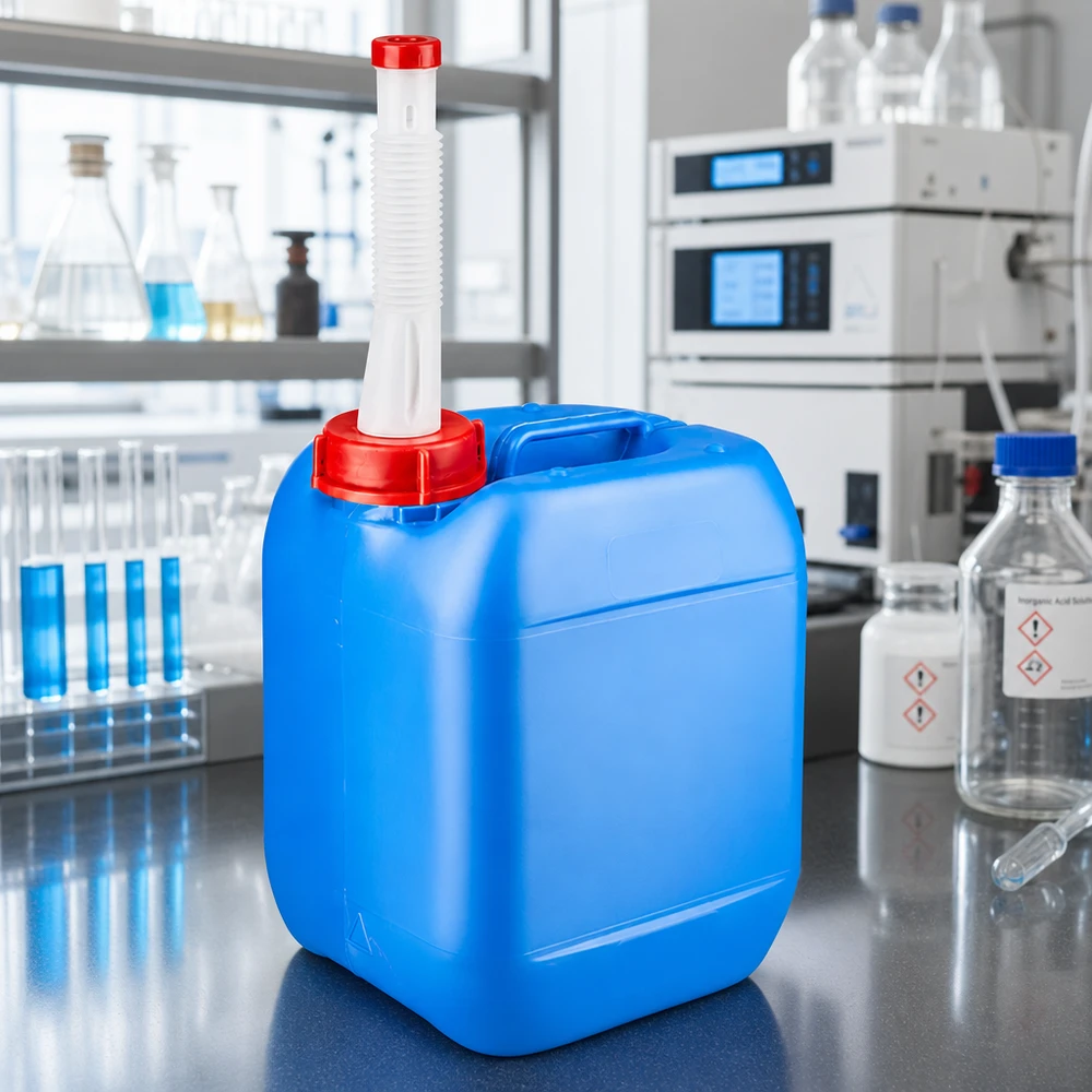 Bidón de laboratorio compacto de 5 litros, de color azul, con un práctico pico vertedor para una manipulación segura de productos químicos