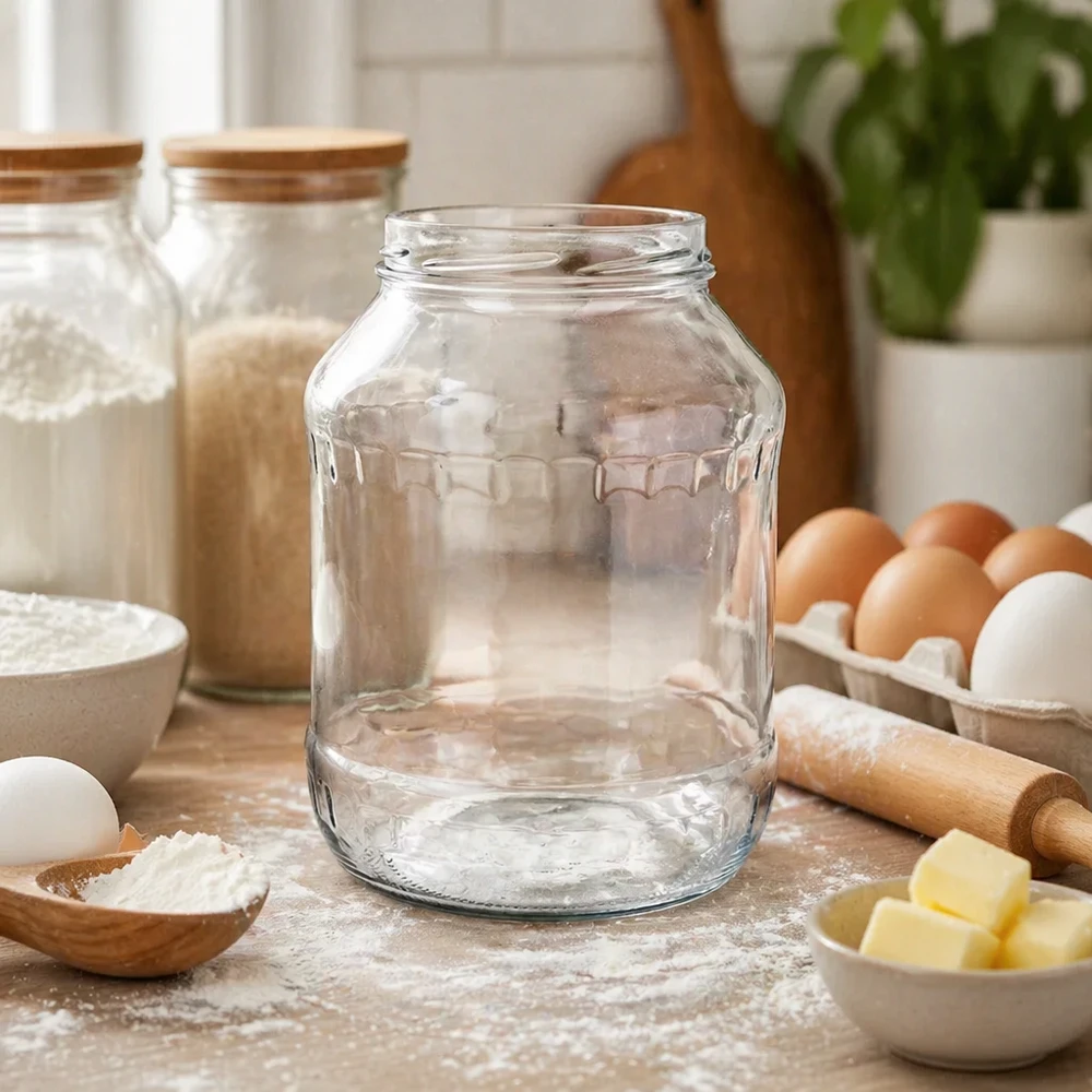 Vaso redondo de 2650ml sin tapa (TO100) UNiTWIST UNiTWIST Runda2650 vasos 2650ml vacío en la mesa de la cocina con ingredientes para hornear huevos mantequilla harina escena de cocina TO100 hilo