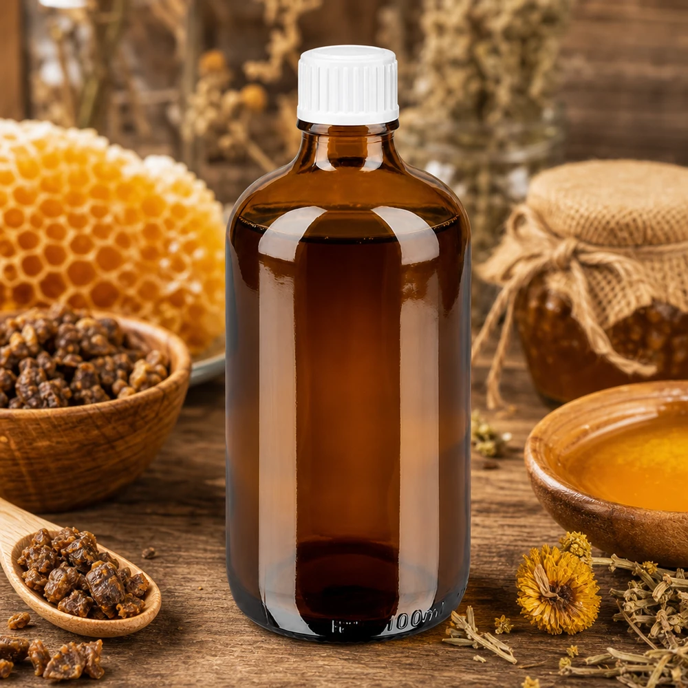 Botella de farmacia marrón 100ml tapón rosca blanco estándar Frasco de farmacia de cristal ámbar de 100 ml con tapón de rosca blanco, entre panales de miel y propóleo