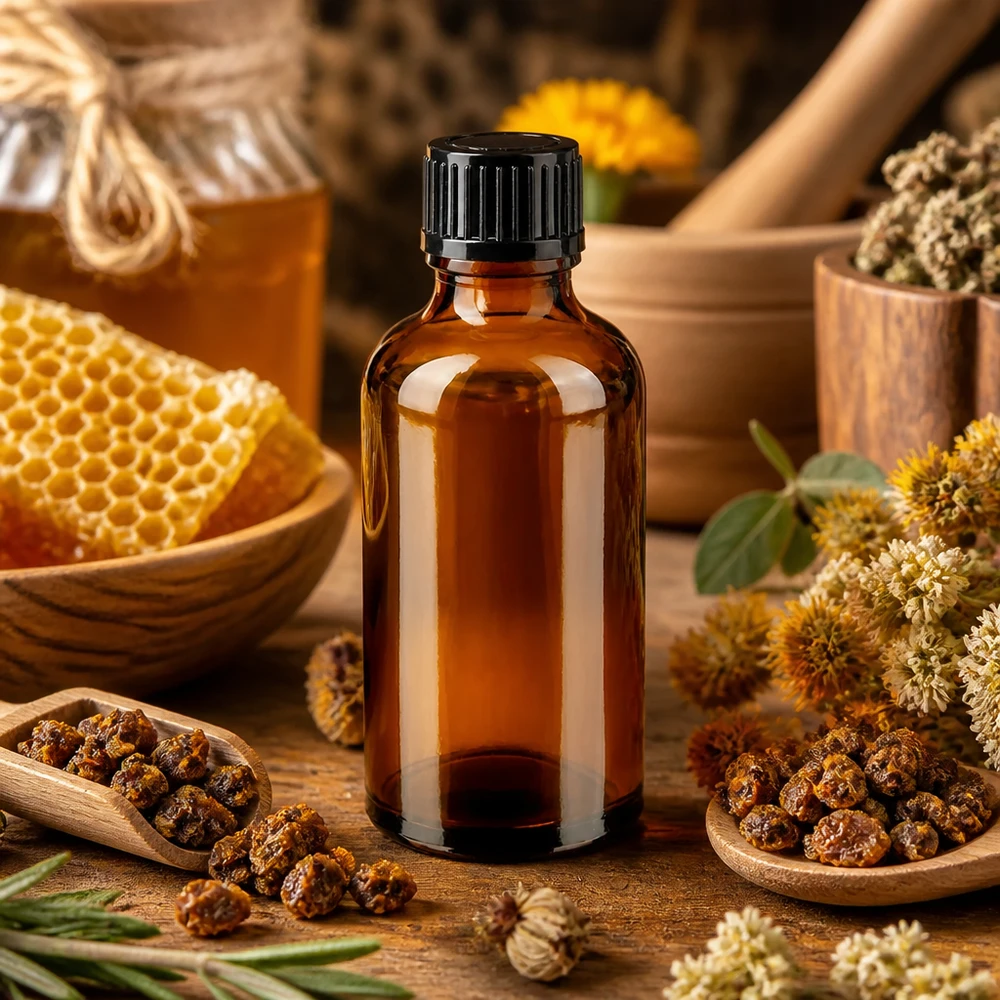 Frasco de farmacia de 50 ml de vidrio marrón con tapón de rosca negro, decorado con un diseño de panal de abeja y propóleo