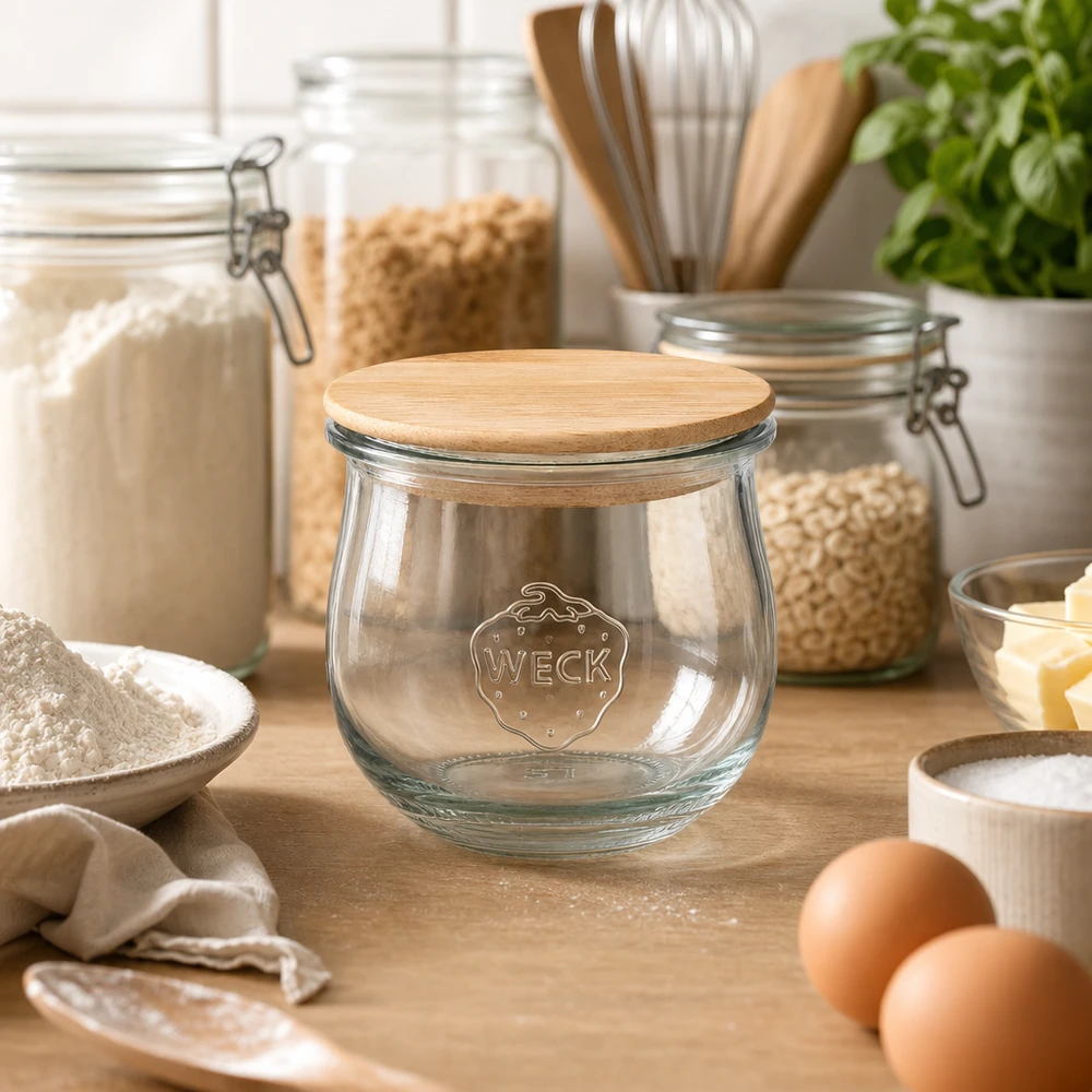 Tarro tulipán WECK 370ml RR80 con tapa de madera dispuesto en una cocina moderna entre tarros de almacenaje e ingredientes de repostería