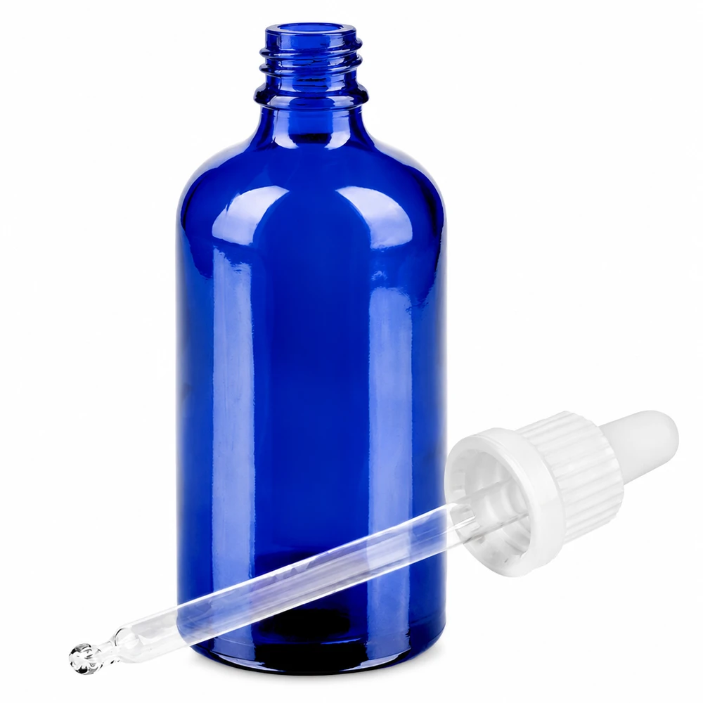 Frasco de vidrio azul de 100 ml con pipeta para aceites esenciales y cosméticos BlueLine UT18/100