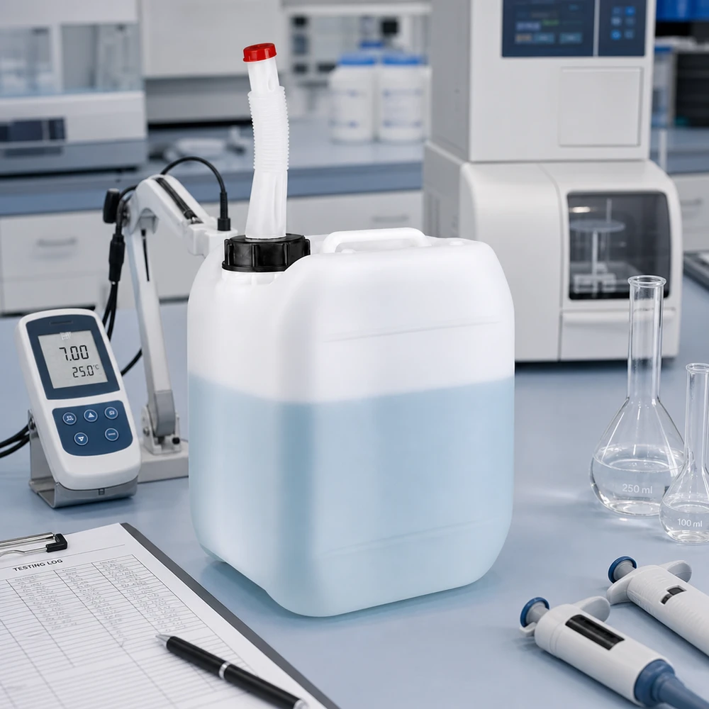 Bidón de 5 litros con tubo de salida flexible Bidón blanco de 5 litros con tubo de salida rojo junto a un medidor de pH y un matraz de medición en el laboratorio