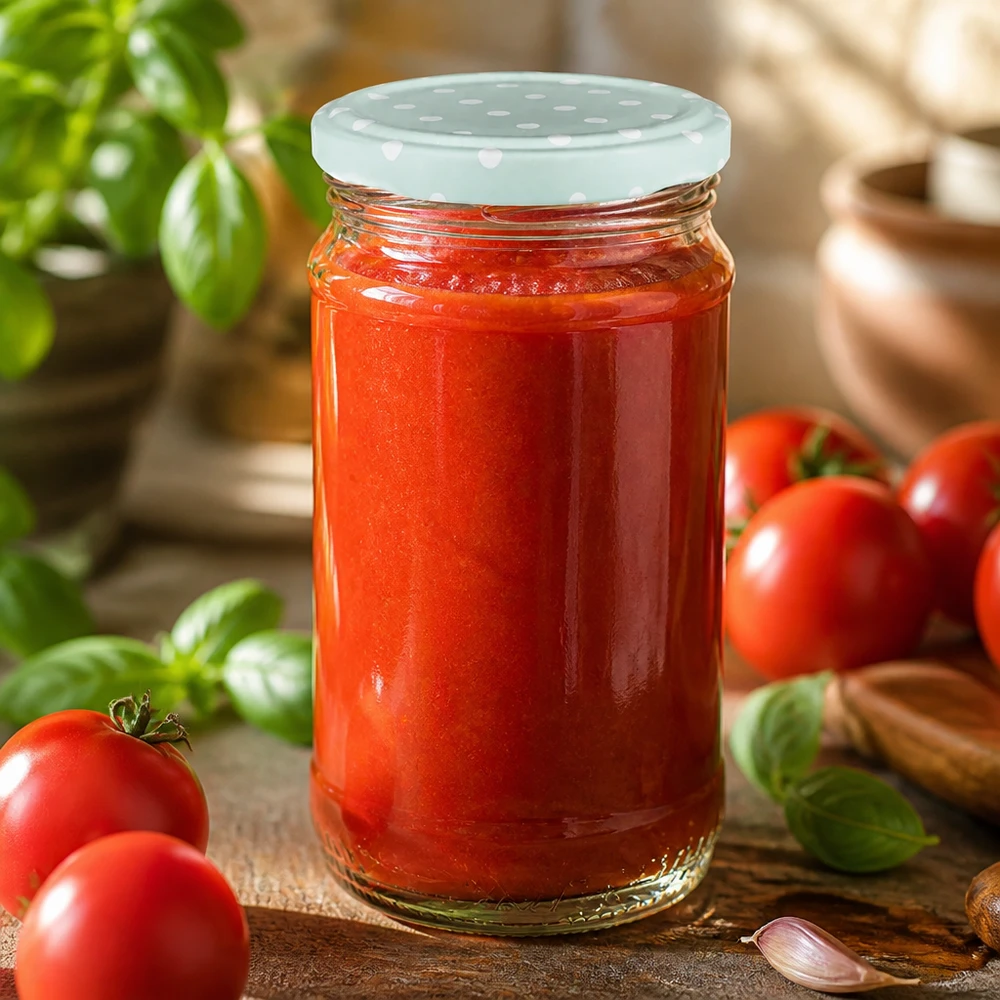 Tarro redondo de cristal de 370 ml + BasicSeal con puntos, color menta mate, UNiTWIST Salsa de tomate en un tarro redondo de cristal UNiTWIST de 370 ml con tapa BasicSeal de color menta y diseño de puntos, junto a tomates frescos
