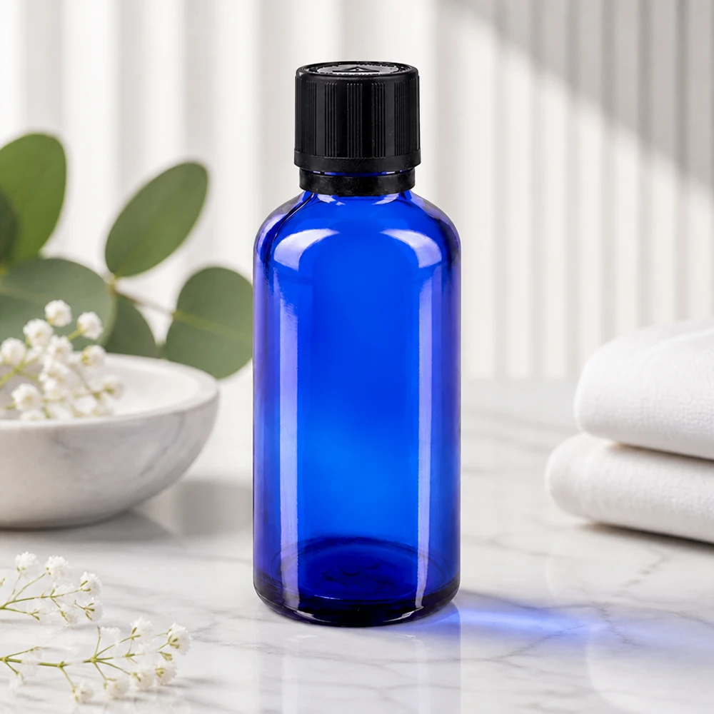 Frasco de cristal azul de 50 ml con tapón de rosca estriado sobre una superficie de mármol, junto a flores blancas de gypsophila