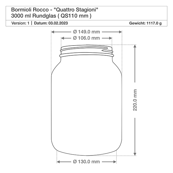 Tarro redondo "Quattro Stagioni" de 3000 ml con tapa Dibujo técnico 3000ml Quattro Stagioni vaso redondo con dimensiones Altura 220mm Diámetro 149mm Peso 1117g