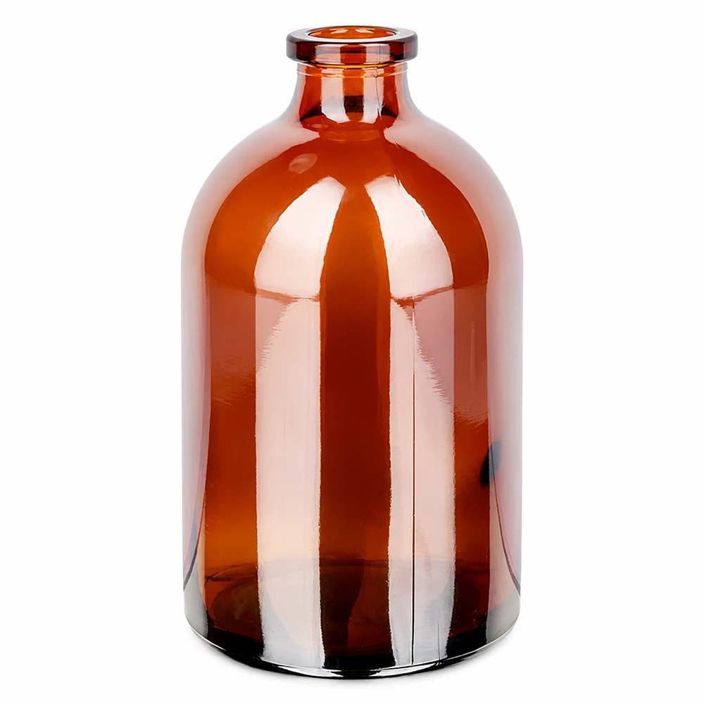Frasco de inyección de vidrio ámbar 100ml Medizinische Injektionsflasche 100ml in Braunglas mit glatter Oberfläche und stabilem Flachboden