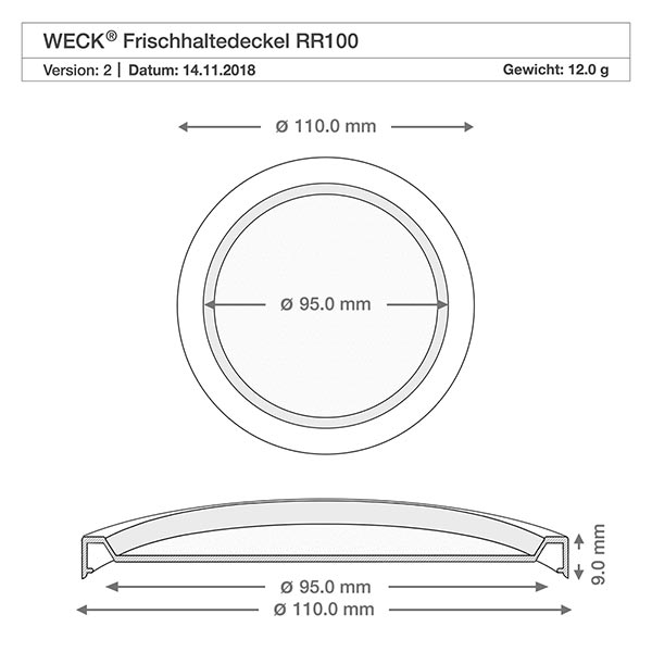 Tarro de cristal de 370 ml con tapa hermética WECK RR100 Dibujo técnico WECK tapa RR100 con dimensiones 110mm y 95mm de diámetro para tarro Gugelhupf