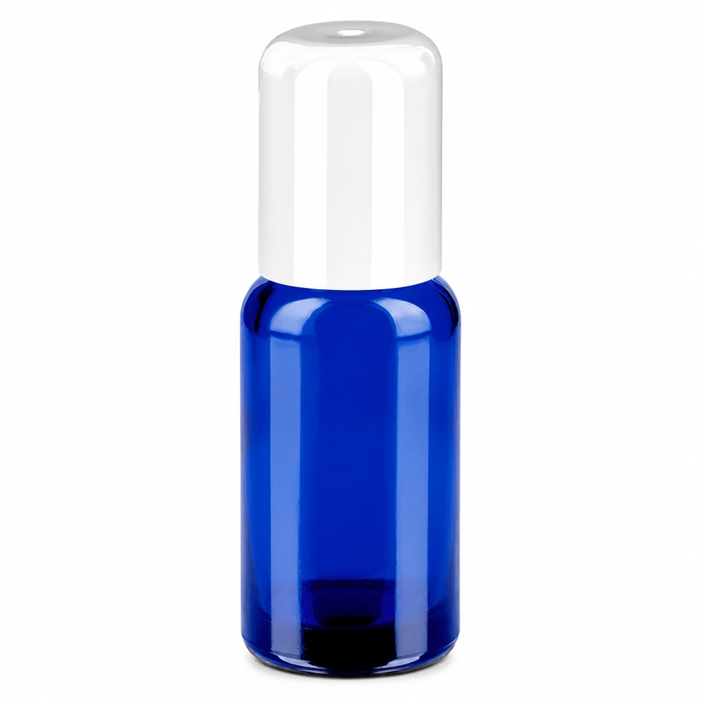 Frasco roll-on 20ml blanco tapón estándar BlueLine UT18/20 Frasco roll-on de 20 ml azul con tapón blanco para cosméticos y aceites esenciales