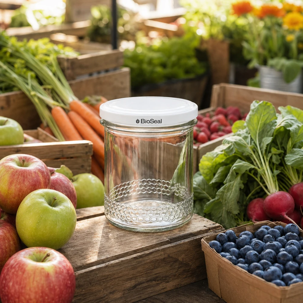 Tarro para miel de 560 g con tapa blanca BioSeal UNiTWIST El tarro de miel vacío de 400 ml con tapa BioSeal entre frutas y verduras frescas muestra un uso versátil