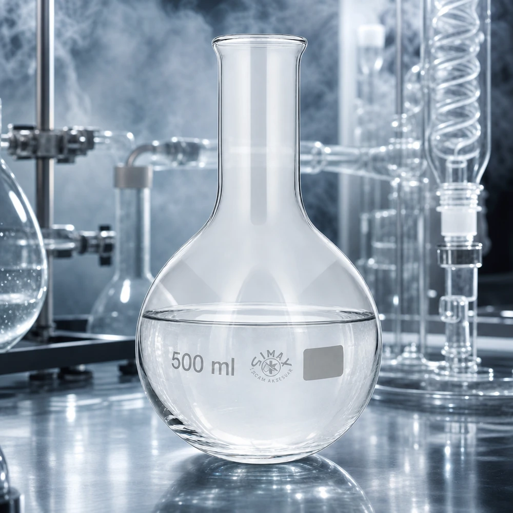 Frasco profesional de fondo redondo de 500 ml con soporte estable para aplicaciones de laboratorio y síntesis químicas