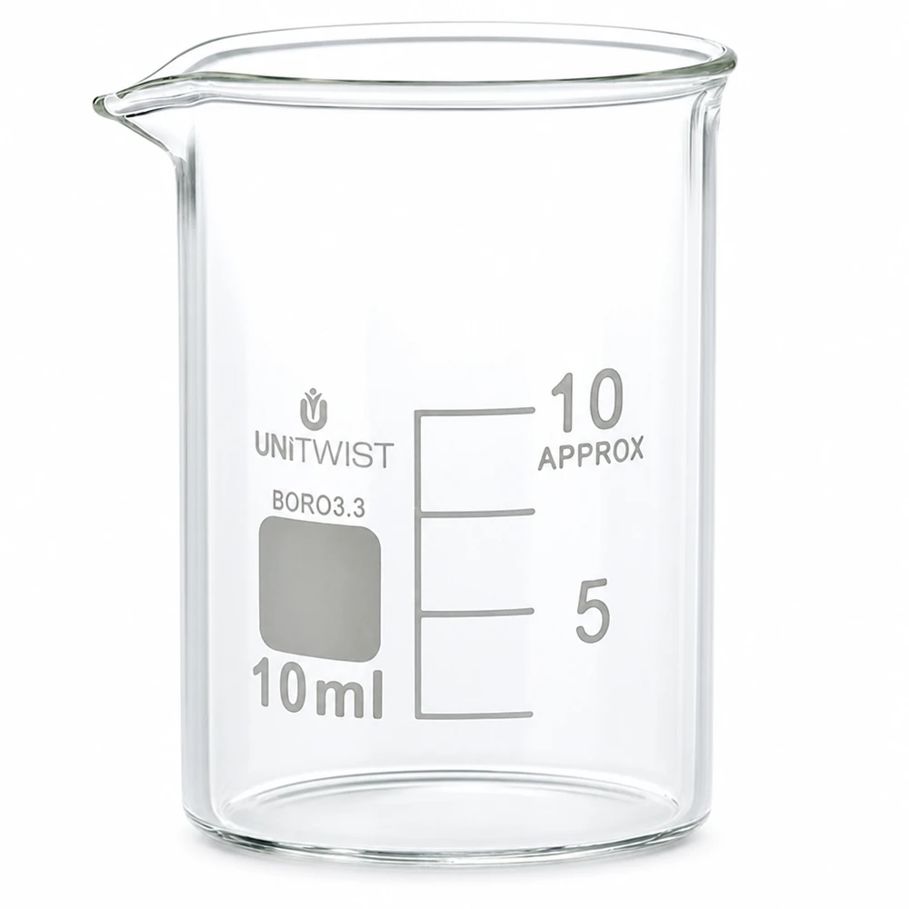 Vaso 10ml borosilicato, molde bajo UNiTWIST Vaso de precipitados de 10 ml, de forma baja, fabricado en vidrio borosilicato 3.3 de UNiTWIST, con escala de mililitros