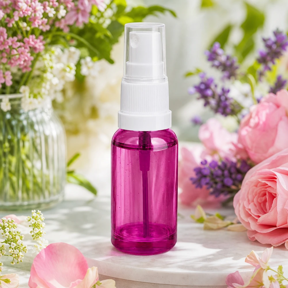 Frasco pulverizador de 20 ml de plástico transparente de alta calidad con cabezal pulverizador blanco en tono morado