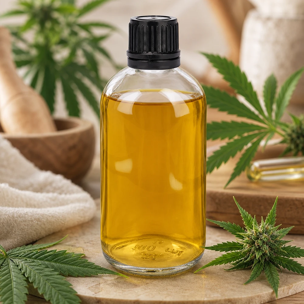 Botella de 100ml (Globul)Flas. 3mm GR s. STD ClearLine UT18/1 Botella de cristal transparente de 100 ml llena de aceite de CBD, rodeada de hojas y flores de cannabis