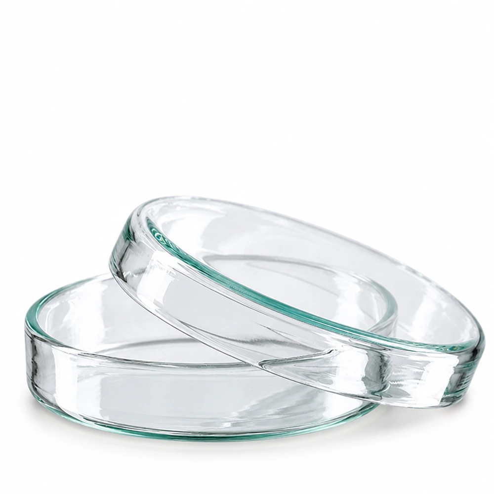 Dos placas de Petri de cristal apiladas, de 60 x 15 mm, transparentes sobre fondo blanco