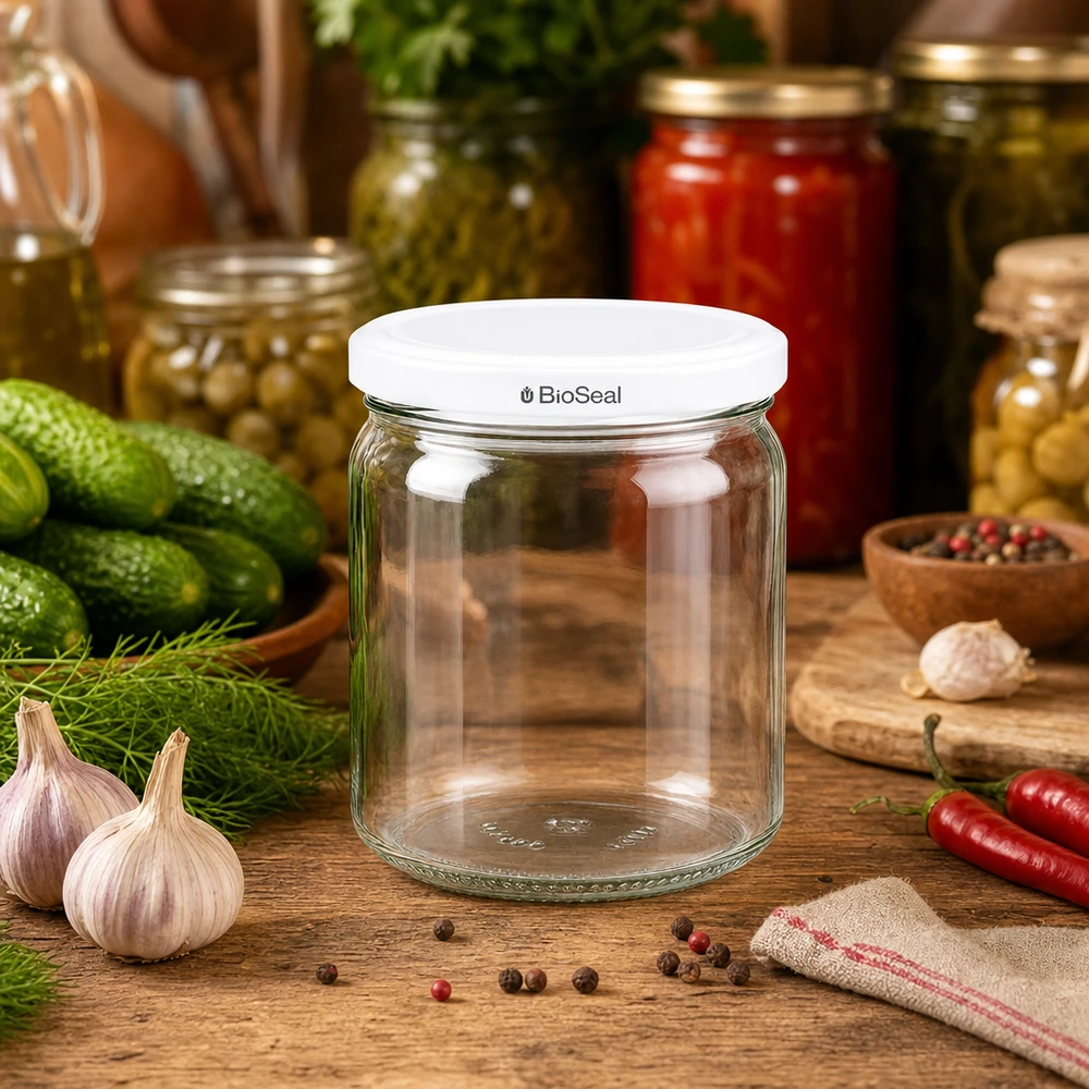 Tarro redondo de 408ml con tapa blanca BioSeal UNiTWIST UNiTWIST Runda408 Einmachglas in rustikaler Küchenszene mit frischen Kräutern und Gewürzen - vielseitiges Vorratsglas