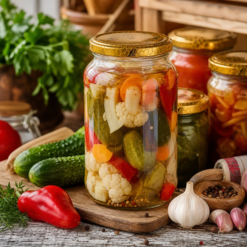 Tarro redondo 1062ml + tapa BasicSeal panal UNiTWIST 1062ml Rundglas mit Bienenwabe-Deckel als Einmachglas für eingelegtes Gemüse Gurken Paprika Blumenkohl mixed pickles