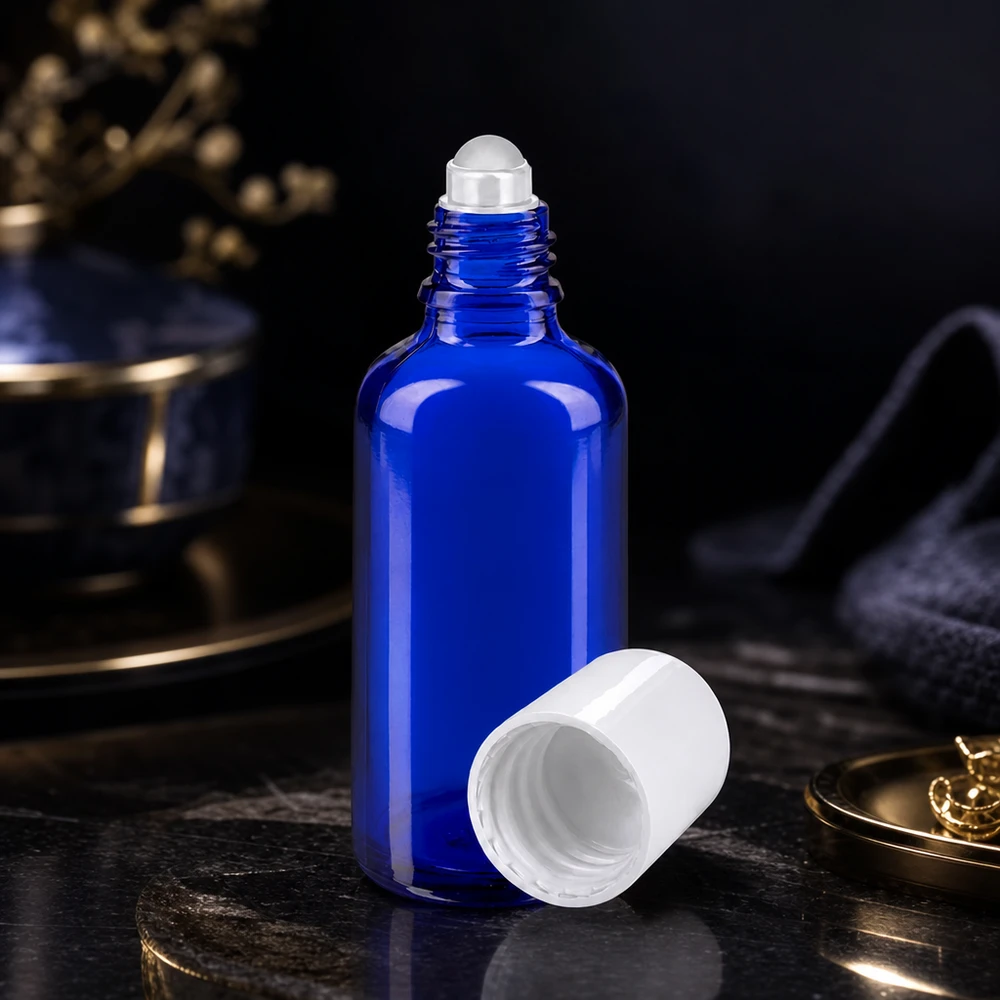 Frasco de farmacia azul de 50 ml abierto, con un aplicador de bola rodante blanco, sobre una superficie de mármol oscuro