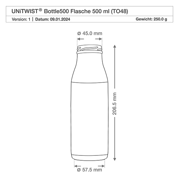 Frasco de vidrio de 500 ml sin tapa (TO48) UNiTWIST Dibujo técnico Botella de vidrio de 500 ml TO48 UNiTWIST con dimensiones: 205,5 mm de altura, 57,5 mm de diámetro, 250 g de peso