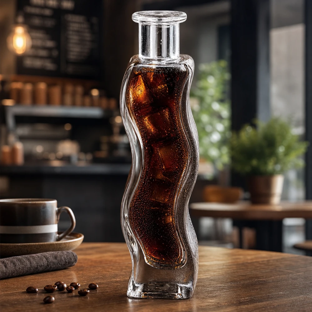 Melissa botella de cristal de 100 ml llena de bebida de cola y cubitos de hielo en un ambiente de cafetería moderna sobre una mesa de madera
