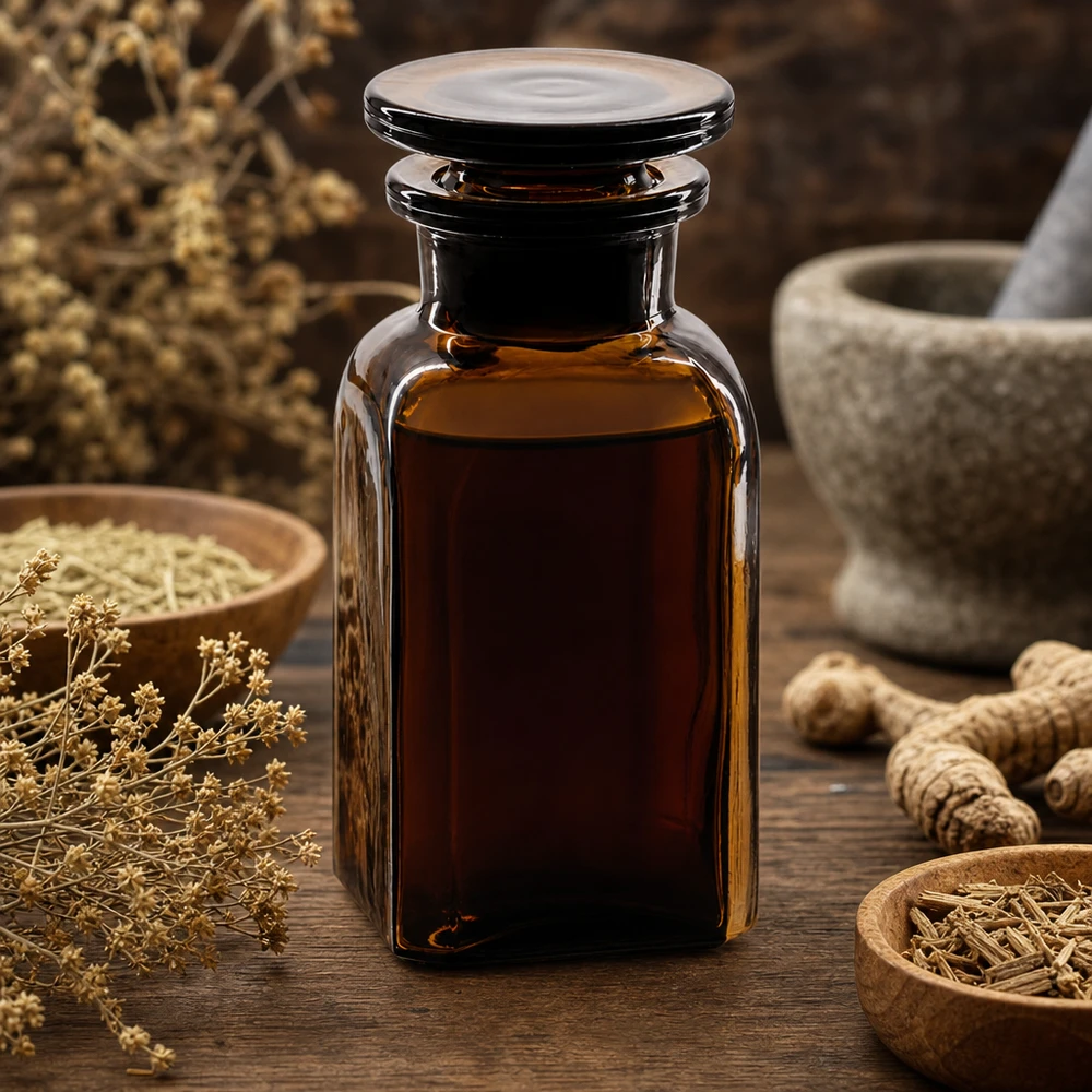Frasco cuadrado de 100 ml de cristal ámbar con hierbas y mortero, para la conservación de productos de medicina natural