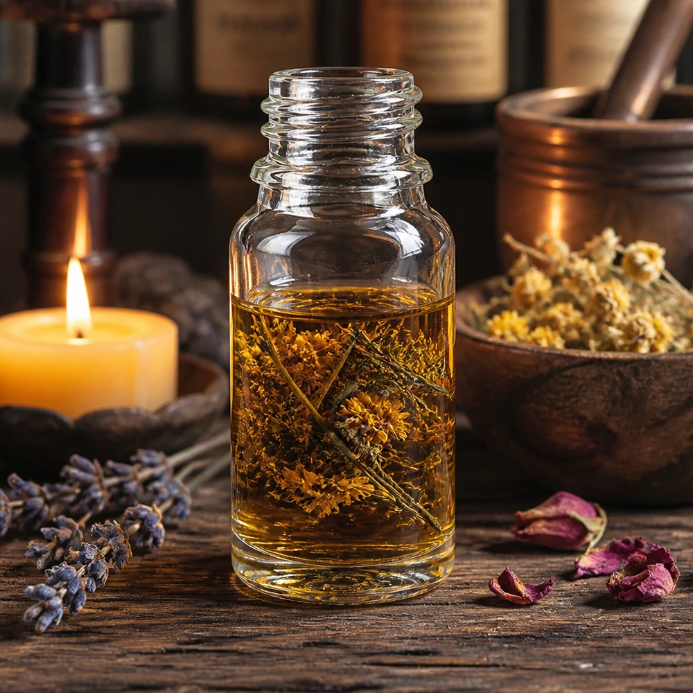 Frasco de cristal transparente de 10 ml con hierbas y flores secas en aceite de hierbas dorado