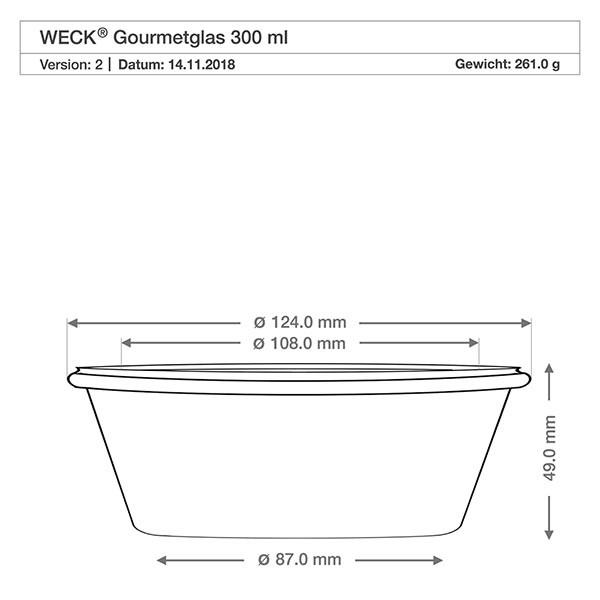 Tarro gourmet de 300ml con frisado. WECK RR120 Dibujo técnico WECK RR120 tarro gourmet 300ml con dimensiones diámetro 124mm 108mm 87mm altura 49mm