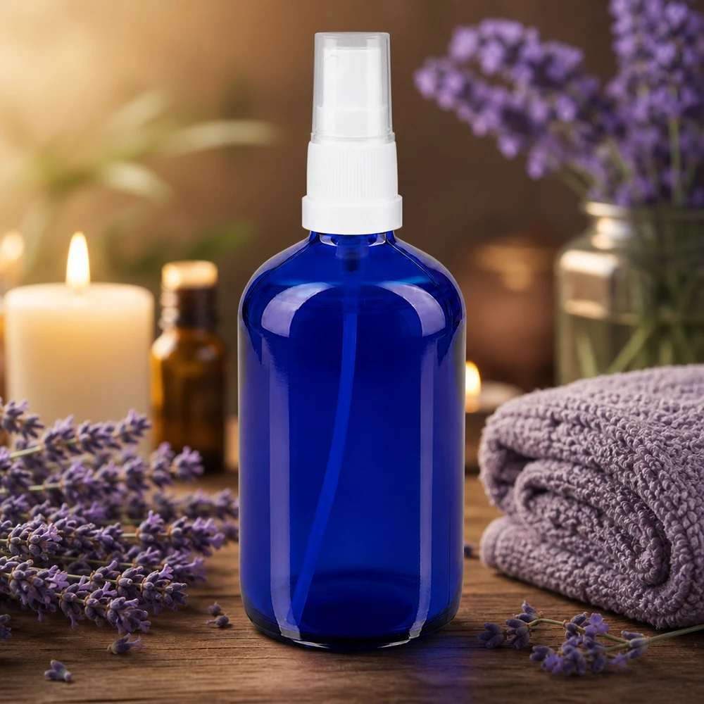 Frasco pulverizador redondo de 100 ml de cristal azul de farmacia con bomba blanca STD para aromaterapia y aceite de lavanda