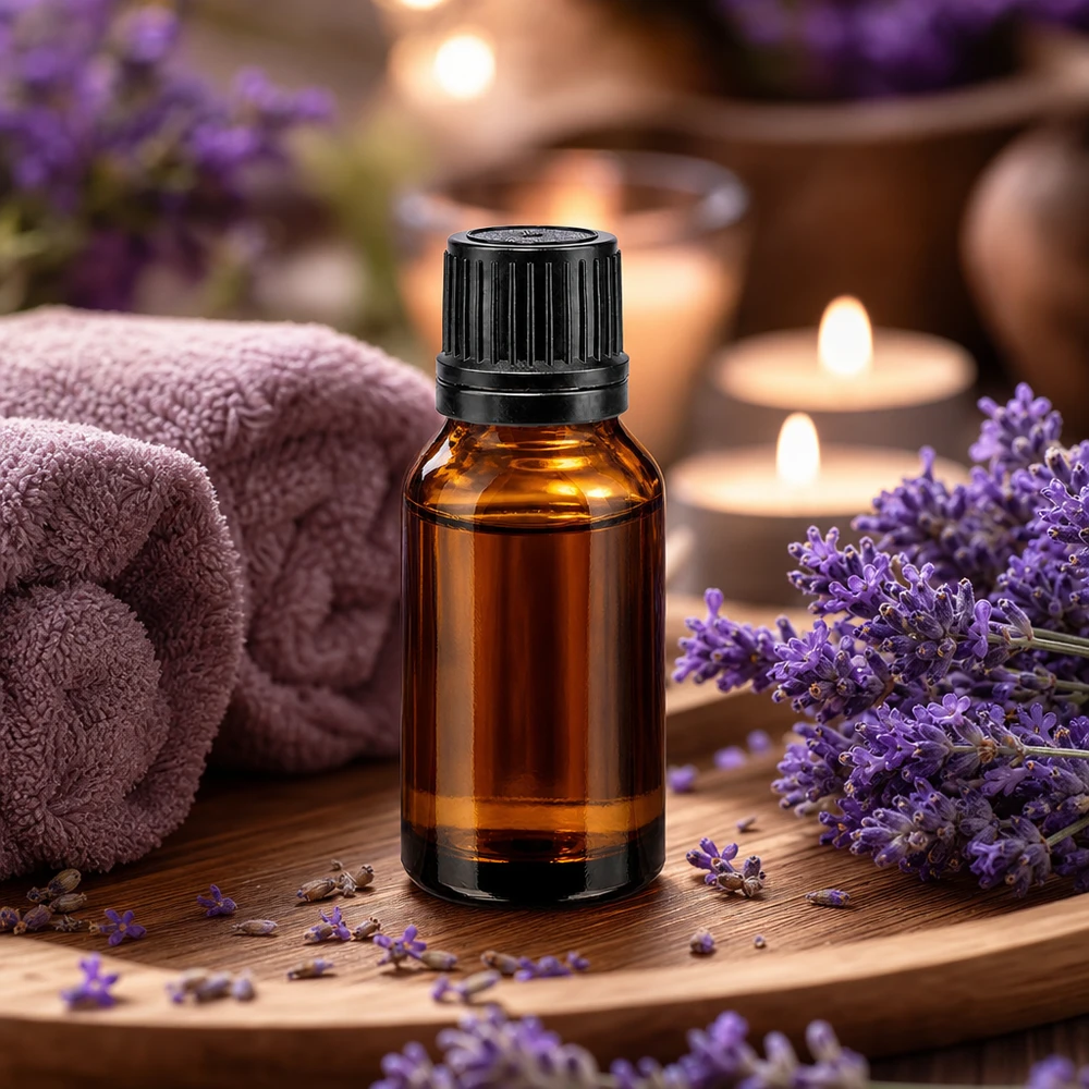 Frasco de farmacia de 15 ml, de color marrón, con tapón cuentagotas para aceite de lavanda, sobre una bandeja de madera con velas