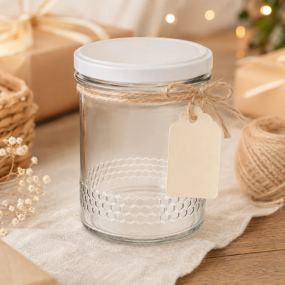 Tarro para miel de 560 g con tapa blanca BasicSeal UNiTWIST Tarro de miel de 400 ml con cordón de yute y etiqueta de regalo decoración rústica Tapa BasicSeal blanca Sistema UNiTWIST