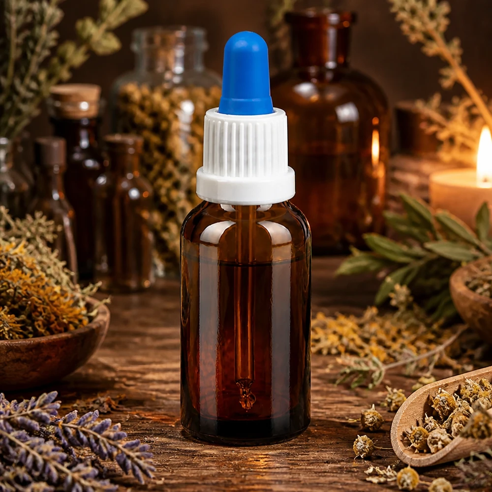 Frasco pipeta 20ml blanco/azul cierre inviolable BrownLine UT18/20 Frasco cuentagotas compacto de 20 ml de vidrio ámbar con protección UV y práctico tapón de pipeta