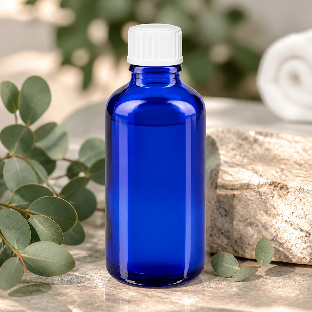 Frasco de farmacia de 50 ml de color azul cobalto, de vidrio borosilicato, con tapón de seguridad para niños de color blanco