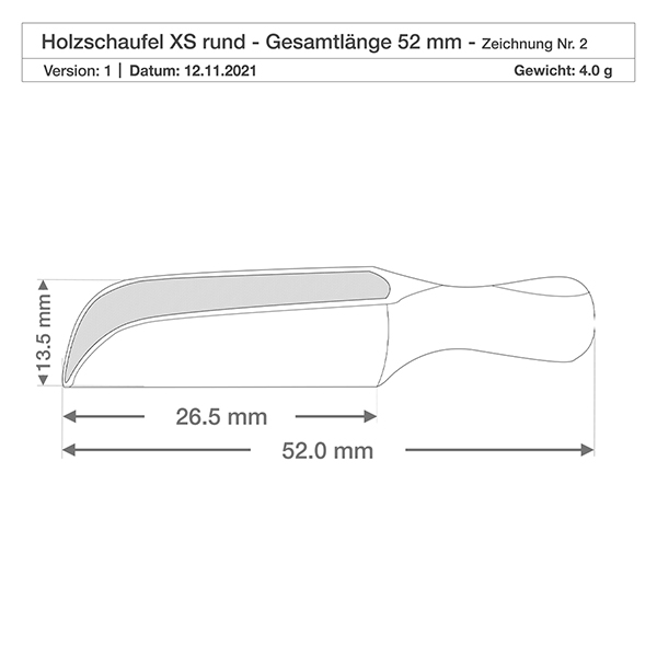 Pala de madera tamaño XS forma semicircular - 52mm de largo Detailzeichnung der kompakten Holzschaufel XS mit 3,5mm Tiefe - ideal für Gewürzdosierung in der Küche