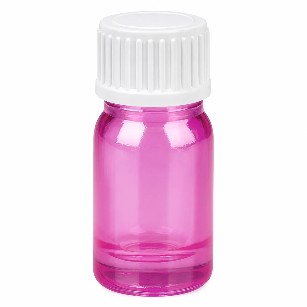 Frasco de cristal de 5 ml de color rosa transparente con tapón de rosca blanco para aceites esenciales y cosméticos