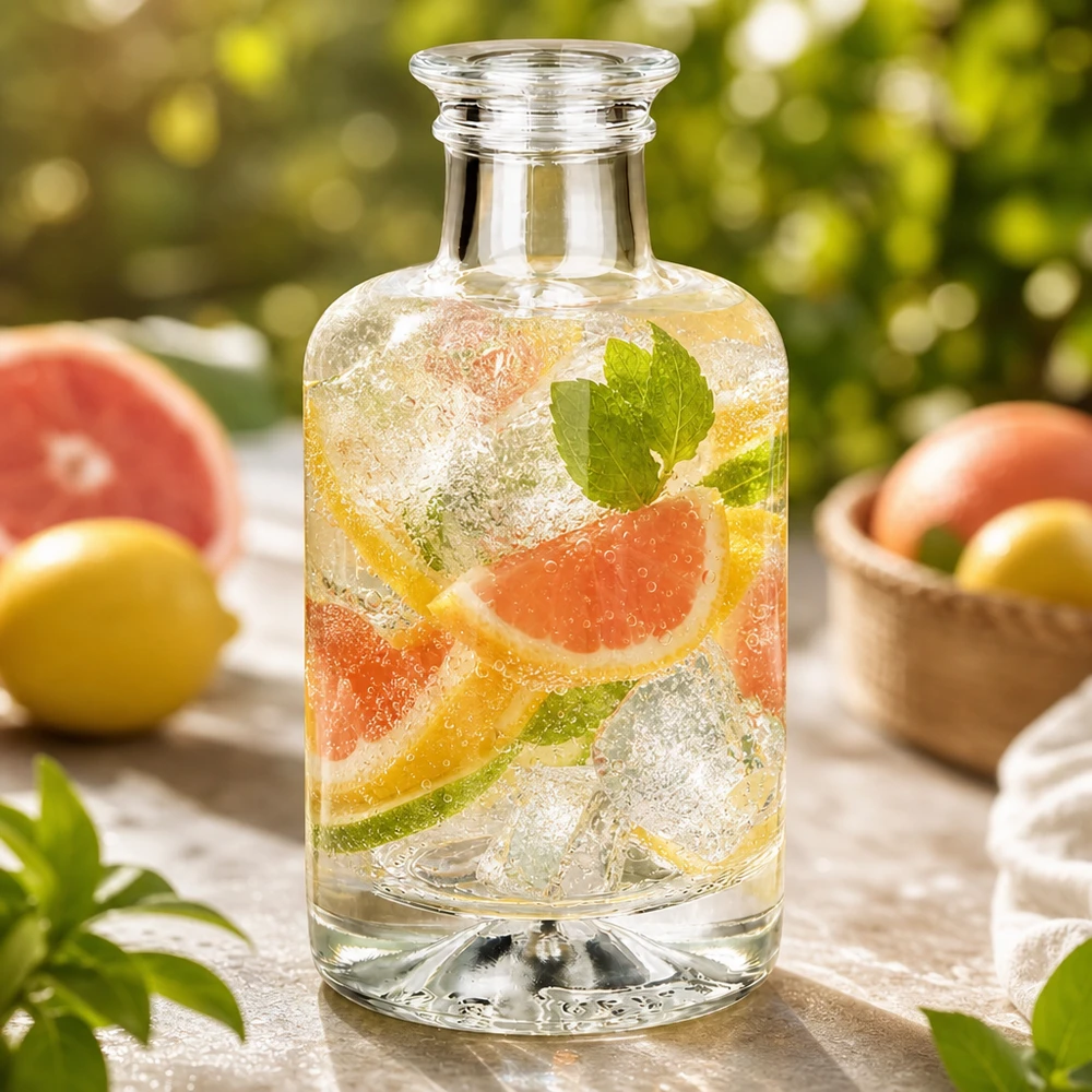 Botella de cristal Sofía de 100 ml llena de agua infusionada pomelo menta y hielo ambiente exterior con cítricos
