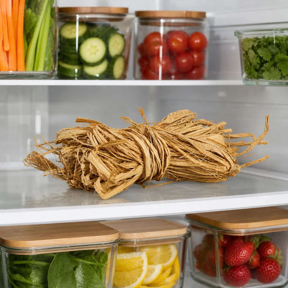 La rafia natural 30g beige dorada guardada en el frigorífico junto a las verduras muestra un práctico almacenamiento para materiales de manualidades