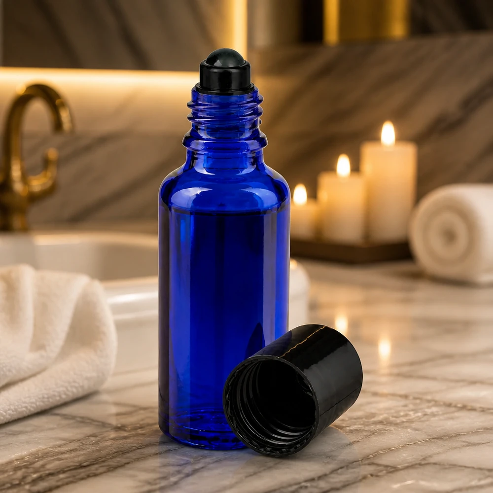 Frasco roll-on de 30 ml de color azul cobalto, fabricado en vidrio de farmacia, con aplicador de bola rodante negro