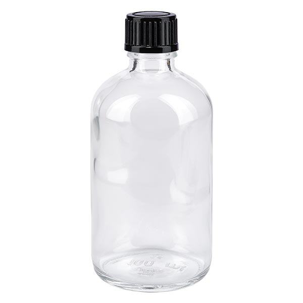 Botella de farmacia transparente 100ml tapón cuentagotas 1mm negro estándar Botella de farmacia transparente 100ml tapón cuentagotas 1mm negro estándar